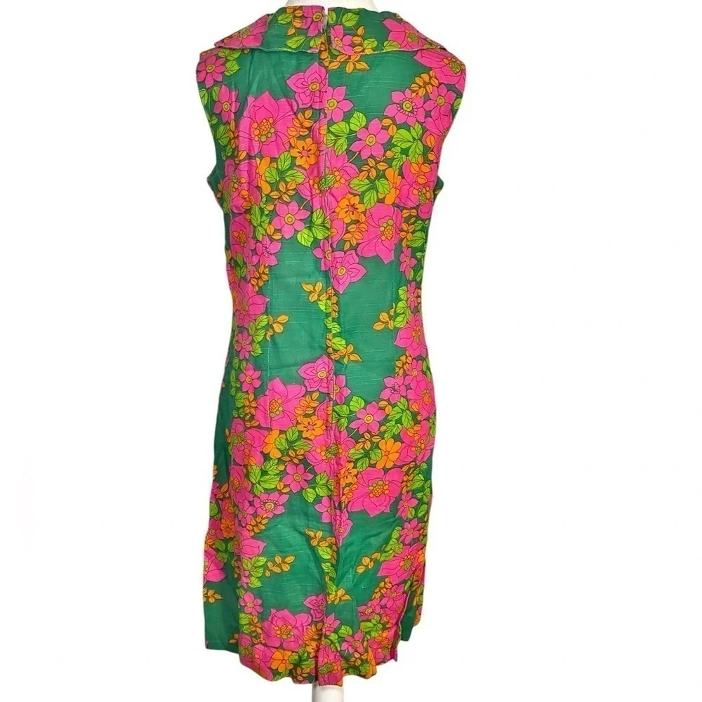 Lee Holliday Kelly Green, Pink, Orange, & Green Floral Print Midi Shift Dress
